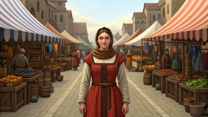 Obraz premium a medieval woman standing proudly in a bustling market square, surrounded by stalls filled with goods