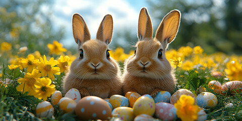 Fototapeta premium Easter bunnies surrounded by colorful eggs and flowers in sunny field