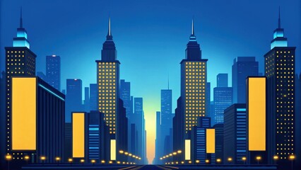 a minimalist cityscape with a captivating blue and yellow color scheme. It features a symmetrically designed avenue leading towards the horizon, surrounded by skyscrapers.