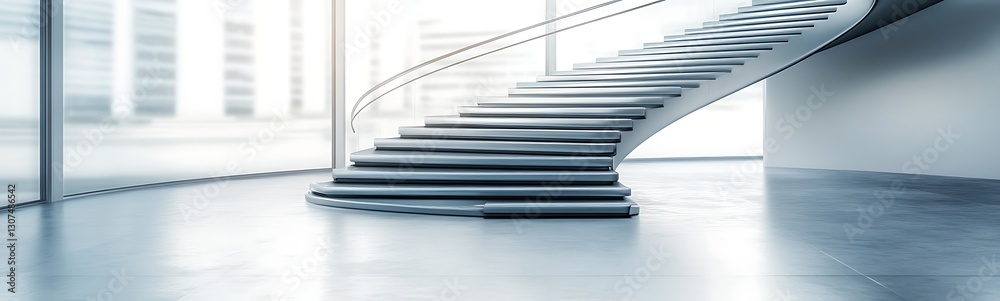 Poster close-up image of a futuristic metal staircase with a sleek design, showcasing modern architecture a