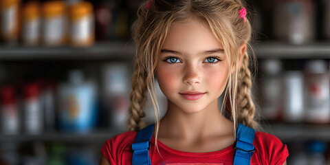 Fototapeta premium young girl with braided hair and blue eyes, wearing red shirt and blue overalls, smiles