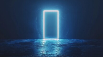 A bright glowing rectangle door stands in a dark futuristic space