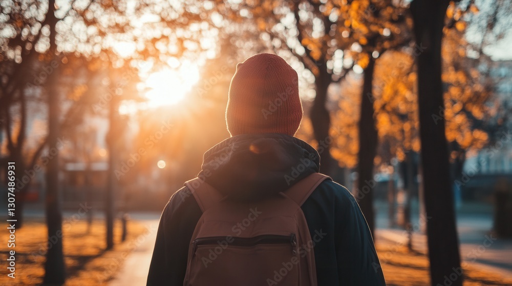 Aufkleber back view of a person in a hoodie and beanie walking through a park at sunset surrounded by autumn f