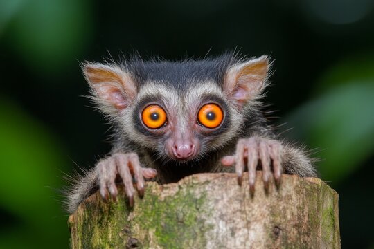 A night shot of an aye-aye with its glowing eyes, using its long, bony finger to search for food