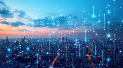 Smart city at night, network connections.