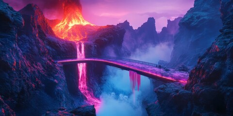Fototapeta premium A breathtaking view of a vibrant volcanic landscape. The image showcases a stunning eruption with colorful lava and a waterfall. Ideal for creative projects and nature enthusiasts. AI