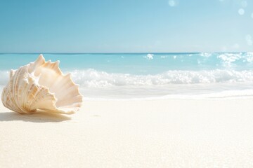close-up of sun-kissed sands with gentle waves caressing shore framed by seashell for added depth