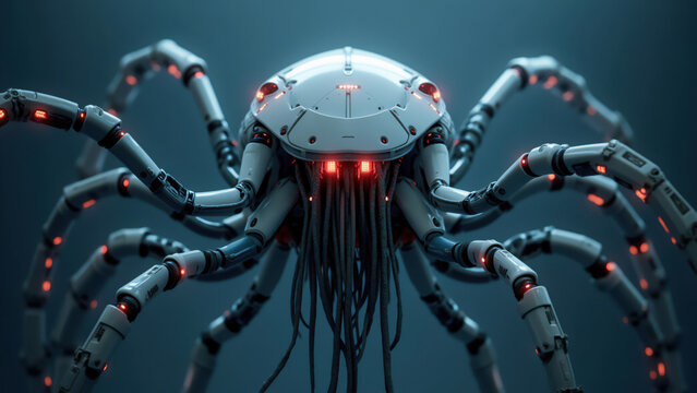Futuristic mechanical spider robot emerging from darkness with glowing red eyes