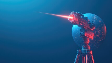 Naklejka premium conceptual image of robotic total station emitting laser beams onto abstract digital earth with copy space