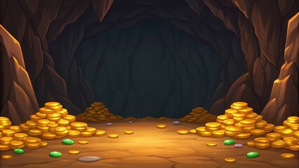 a cartoon illustration of a dark, mysterious cave filled with piles of gold coins and some green gemstones.