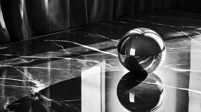 Polished sphere on marble surface with window reflections