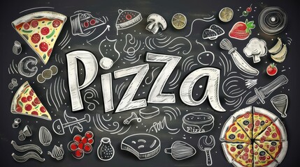 Delightful blackboard art featuring whimsical pizza doodles inviting all pizza lovers