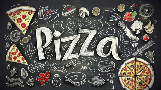 Delightful blackboard art featuring whimsical pizza doodles inviting all pizza lovers