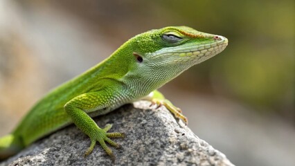 Fototapeta premium a close-up shot of a green anole lizard perched on a rock, basking in the sunlight. The lizard's green scales and bright eyes are visible, and its long tail wraps around the rock.