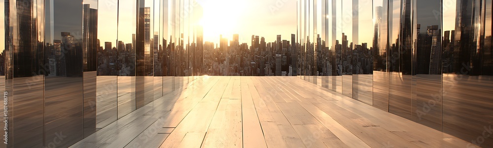 Poster close-up image of mirrored skyscrapers reflecting surrounding buildings and scenery.