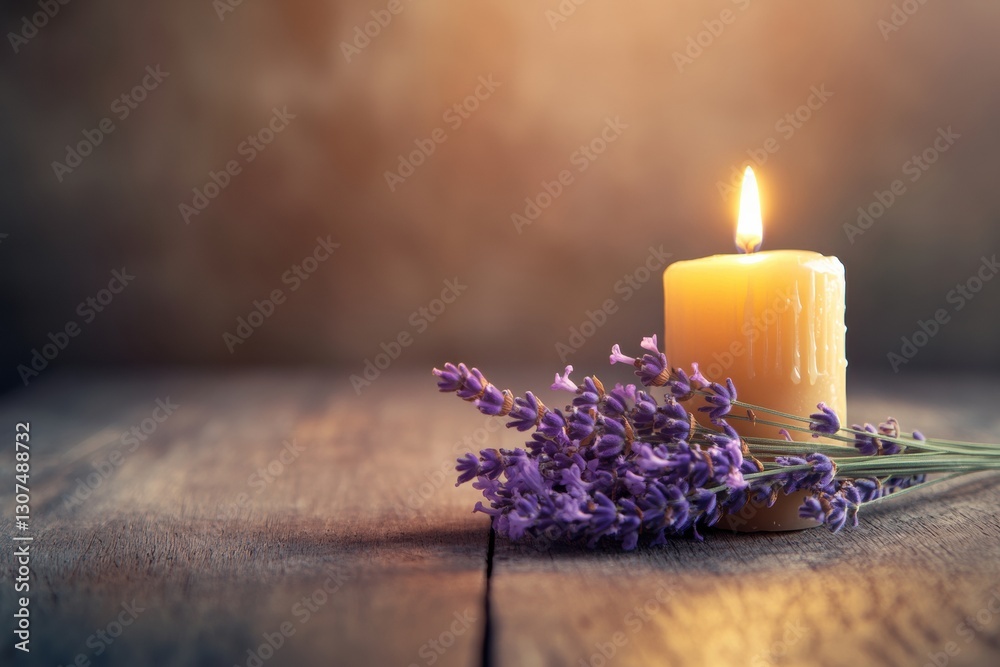 Aufkleber cozy still life with lavender sprig and lit candle on textured wooden surface for warm and inviting 