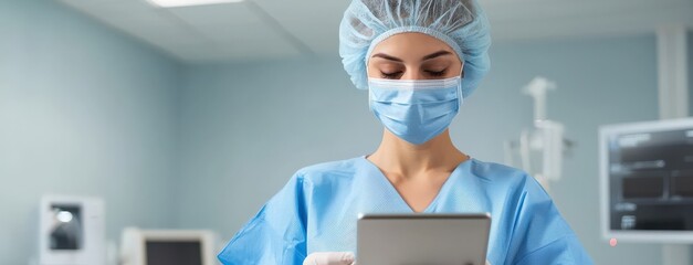 healthcare industry nurse innovation concept. Medical professional in scrubs reviewing data on a tablet.