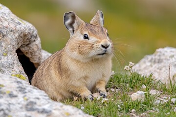 Obraz premium A pika collecting grasses and storing them in a rocky burrow