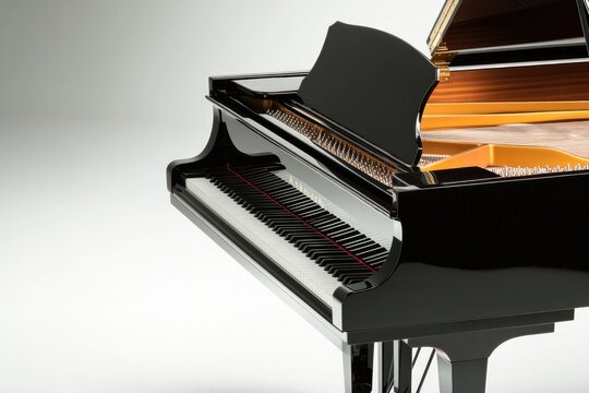 grand piano with its lid open showcasing intricate strings and hammers on minimal white background