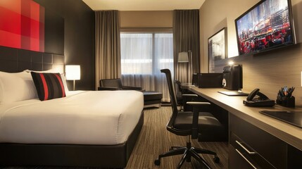 A boutique hotel workspace featuring a sleek desk, ergonomic chair, and modern decor, providing a comfortable environment for business travelers.
