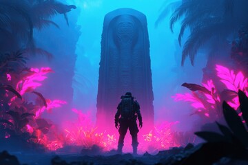 Fototapeta premium human explorer gazing at ancient alien statue surrounded by glowing flora intricate carvings on statue hinting at mysterious