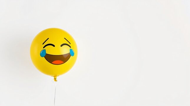 Yellow helium balloon laughing emoji with tears of joy against a white background