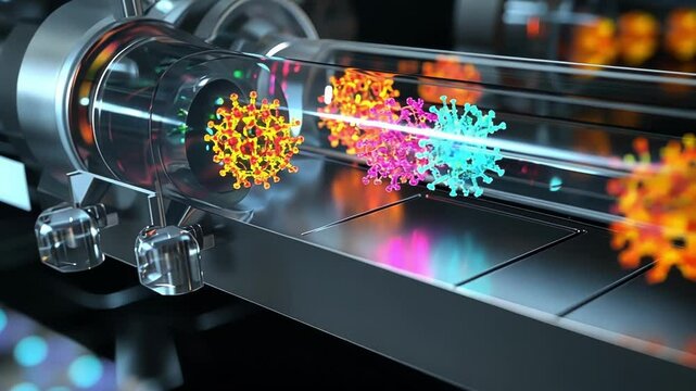 A medium closeup depiction of the flow cytometry devices optical detection system illustrated with detectors positioned strategically around the flow cell capturing emitted fluorescence