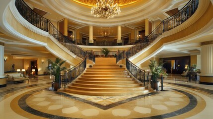 Obraz premium A luxury hotel entrance with a grand staircase, ornate railings, and a lavish chandelier, creating a majestic first impression.