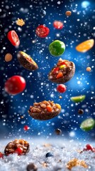 Vibrant fruits and granola explode against a dark blue, snowy background. Food photography showcasing dynamic motion and texture.