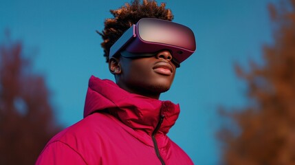 Young man in red jacket exploring virtual reality with glasses in outdoor setting during daytime