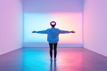 person stands in empty room arms outstretched wearing sleek virtual reality headset