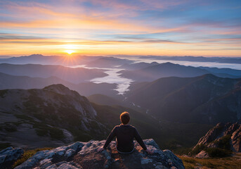Fototapeta premium Scenic golden sunrise shining between peaks of a grand mountain range.