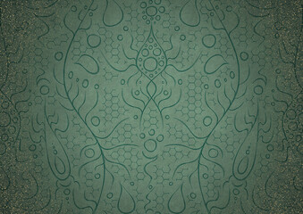 Hand-drawn abstract ornament. Dark green on light cold green background, with vignette of darker background color and splatters of golden glitter. Paper texture. A4. (pattern: p13-2a)