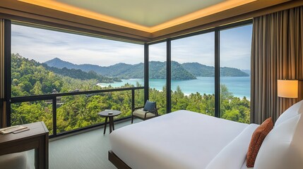 Fototapeta premium Elegant beachfront hotel room with floor-to-ceiling windows offering panoramic sea views, a king-sized bed, and modern coastal-themed decor.