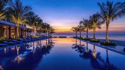 Infinity pool at a beachfront hotel overlooking the ocean, with palm trees lining the poolside and the sun setting on the horizon.