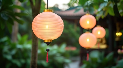 serene buddhist temple adorned with colorful lanterns and offerings surrounded by greenery during vesak day celebration