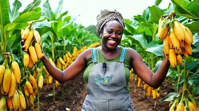 Smiling African woman holding bananas in her hands. Harvest and gathering fruits concept.
