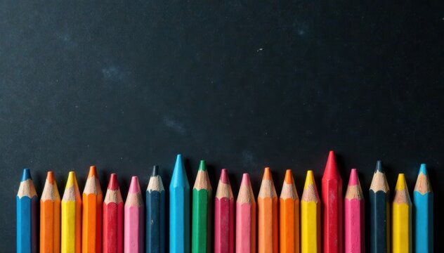Colorful chalk sticks neatly arranged on a blackboard, detail, organized - Powered by Adobe