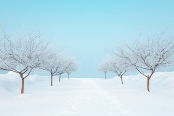 serene snow-covered garden with bare trees and delicate frost-covered branches