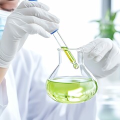 Scientist in protective gloves conducting a laboratory experiment with a green liquid in a glass flask using a pipette, symbolizing research, innovation, and biotechnology