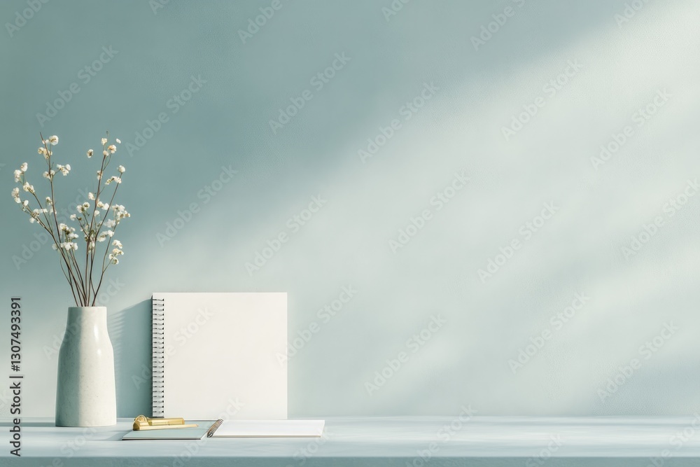 Poster serene workspace with empty desk neatly arranged stationery blank notebook open and soft light illum