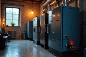 Efficient home heating boiler system close-up, installation, control