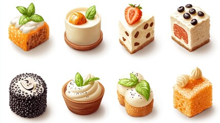 Eight assorted delicious miniature desserts, including cakes, pastries, and mousse, isolated on white.