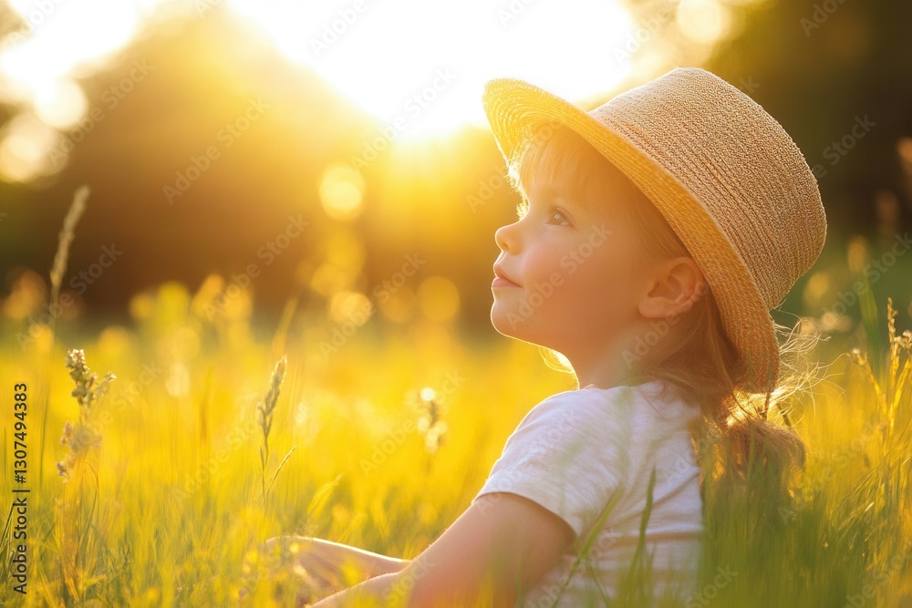 Poster child enjoys sunny afternoon in a field of golden grass wearing a straw hat generative ai