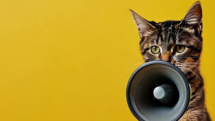 Cute cat holding loudspeaker in paws for announcement on yellow background with empty space for your text