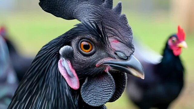 Black free-range farm chickens ayam cemani in nature against a backdrop of bright greenery in tropical countries
