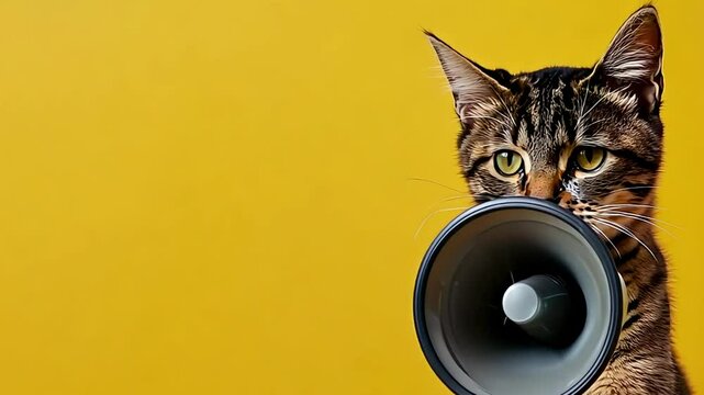 Cute cat holding loudspeaker in paws for announcement on yellow background with empty space for your text