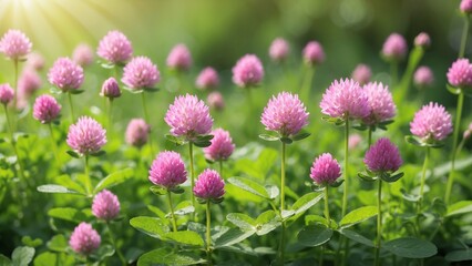 Pink clover flowers with clover field background