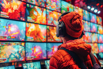 Obraz premium Young man engrossed in video game wall display at esports event
