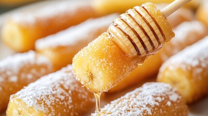 A close-up of Thai fried banana fritters, served with a drizzle of honey.